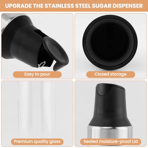 Sugar Dispenser with Pour Spout, 17 oz Stainless Steel Creamer Dispenser for Beverages and Cooking, Glass Sugar Shaker Jar for Coffee Bar, Kitchen, Organizer (COLOR:Black)