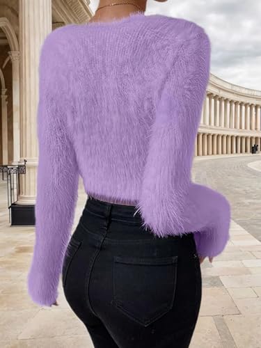 Women's Fuzzy Fluffy Long Sleeve V Neck Crop Sweater Casual Plain Slim Fit Warm Knitwear Sweater Tops2