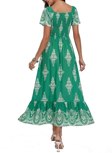 Image of Summer Smocked Boho Maxi Dress for Women 2026 Short Sleeve Floral Smocked Flowy Ruffled Beach Vacation Dresses Lightweight