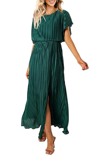 Image of CCTOO Womens Summer Maxi Dresses: Casual Short Sleeve Crewneck Slit Sundress Ruffle Pleated Long Flowy Party Cocktail Dress
