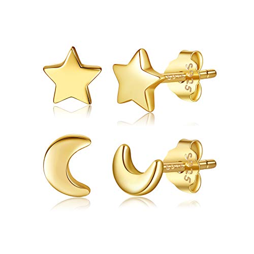 Moon Star Stud Earrings 18k Gold Plated Sterling Silver Crescent Moon Earrings for Women Dainty Night Sky Earrings