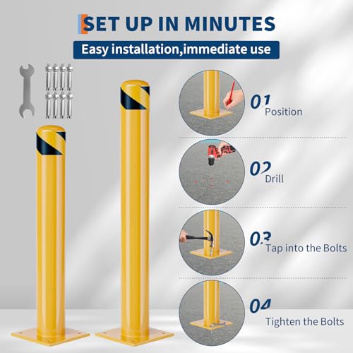 Heavy Duty Steel Safety Bollards 4 Pack, 42 Inch Bollard Posts with Reflective Tape & Anchor Bolts, Removable Parking Bollards for Warehouse, Garage, Parking Lot, Driveway, 4.5 Inch Diameter by Garvee - Image 4