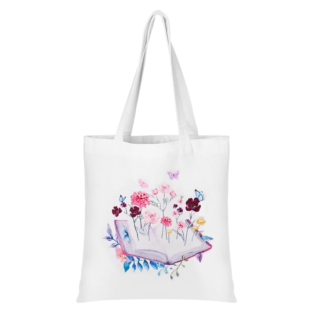 Oyachic Book Canvas Tote Bag Aesthetic Flower Butterfly Tote Bag with Inner Pocket Women Shopping Bag for Grocery Beach Pouch