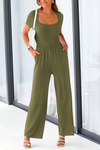 PRETTYGARDEN Women's Summer One Piece Jumpsuits Dressy Casual Short Sleeve Square Neck Wide Leg Jumpsuit Rompers
