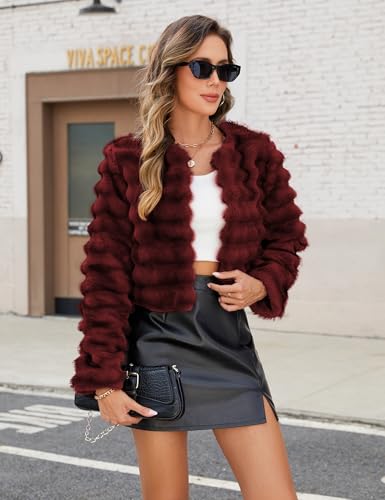 Womens Faux Fur Cropped Coats Fuzzy Long Sleeve Winter Jacket Open Front Cardigan Top Fluffy Warm Outwear with Pocket2