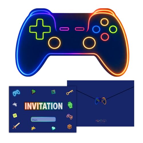 Marelle CREATIVE MINDS - Lote de 12 tarjetas de invitación para cumpleaños, para niños, mando para videojuegos, 12 sobres surtidos, 12 pegatinas para juegos, precargadas en francés
