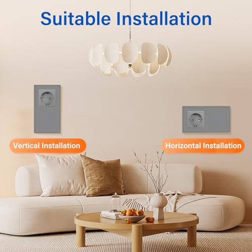 BSEED Steckdose mit Lichtschalter,Glas Touch Lichtschalter Unterputz Schalter,Schuko Steckdose mit 2 Fach 1 Wege Wandschalter Grau(Nicht Smart Schalter)