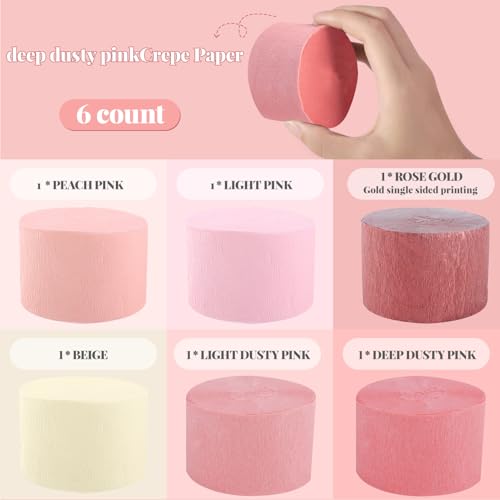 Image of Crepe Paper Streamers Party Decorations, 6 Rolls Pink Rose Gold Party Streamers for Wedding, Birthday, Bachelorette, Baby Bridal Shower Party Decorations