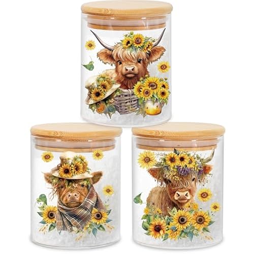 JarThenaAMCS 3Pcs Highland Cow Sunflower Glass Storage Jars With Airtight Lid Cattle Floral Decorative Canisters Sets for Cookie Spring Summer Farmhouse Home Kitchen Countertop
