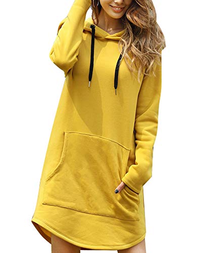 Kapuzenpullover Damen Lang Hoodie Kleid Mit Kapuze Herbst Minikleid Sweatshirt Oversize Mit Tasche (36, Gelb)