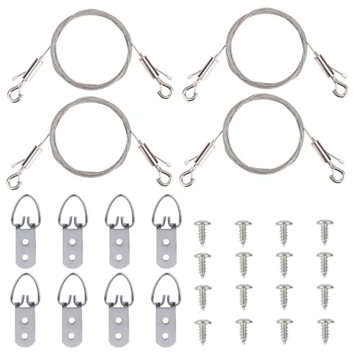 Adjustable Picture Hanging Wire Kit, 50lbs Capacity Heavy Duty Hanging Kit Including 4 Adjustable Wires & 8 D-Rings & 16 Screws for Displaying Framed Mirrors Canvas Wall Art by Goktvai - Used condition - US$6.13