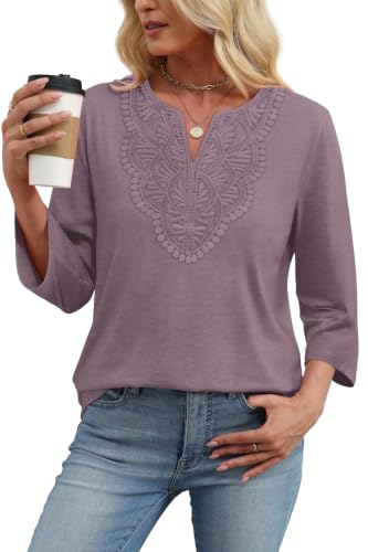 Image of WIHOLL 3 /4 Length Sleeve Womens Tops Boho V Neck Lace Shirt Trendy Blouses Dressy Casual Vacation Clothes S-3XL