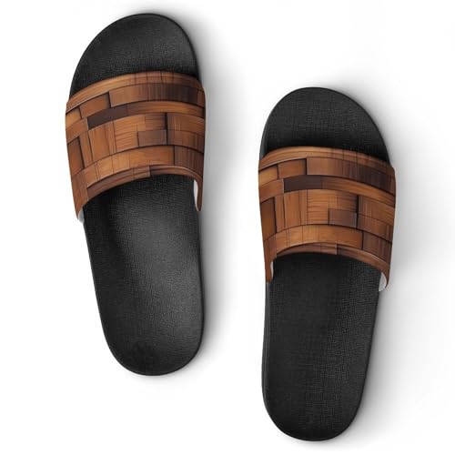 Brown Wooden Wall Non Slip Slides Sandals for Women Men Quick Drying Shower Shoes for Bathroom Pool Beach