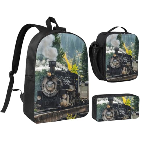 Sac à dos d'école train à vapeur avec boîte à déjeuner et trousse pour garçon et fille