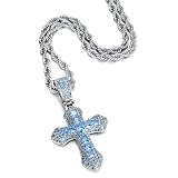 KRFY Diamond Cross Necklace for Women Blue Cubic Zirconia Cross Pendant with 24 Inch Stainless Steel
