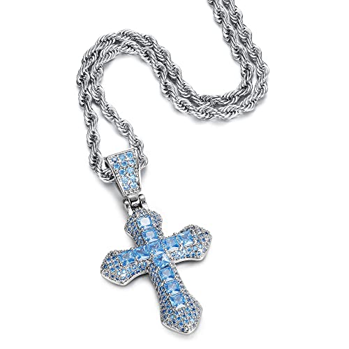 Krfy Diamond Cross Necklace For Women Blue Cubic Zirconia Cross Pendant With 24 Inch Stainless Steel Chain Gemstone Crystal Cross Chain Hip Hop Jewelry Gift For Men Women Boys #TOP6
