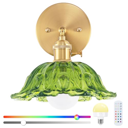 Image of Vintage Wall Sconce, Battery Operated Wall Sconce with Green Glass Lampshade, Indoor not Hardwired Wall Sconces with Remote, Rechargeable RGB Vintage Wall Lamp, for Bedroom Living Room, etc