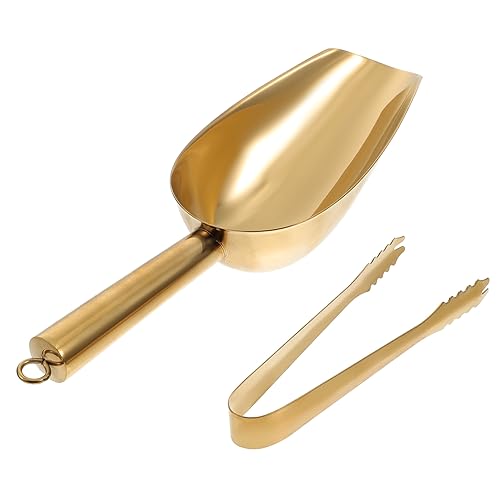 GRIRIW 1Set Stainless Steel Ice Scoop and Tongs of Ice Tong and Scoop for Ice Food and Party Use Ergonomic Design Resistant for Kitchen and Bar