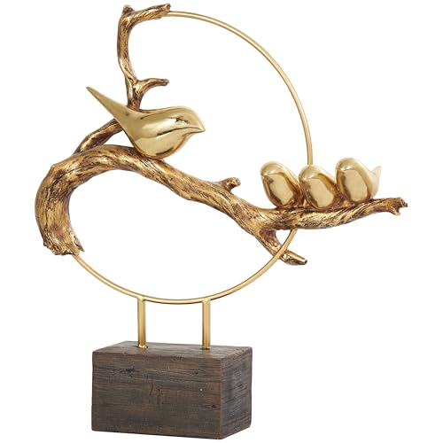 Deco 79 Polystone Bird Decorative Sculpture Family On A Branch Home Decor Statue with Brown Block Base, Accent Figurine 15" x 4" x 16", Gold by Deco 79 - Used condition - US$22.58