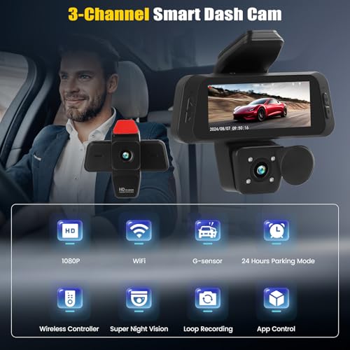 3 Channel Dash Cam Front and Rear Inside, 3 Inch 1080P Dash Camera for Cars Three Way Triple Car Camera with APP Control,IR Night Vision,Loop Recording,G-Sensor,Parking Assistance,24H Parking Monitor