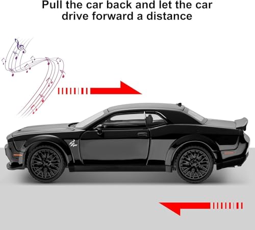 Image of 1:32 Scale Dodge Challenger Hellcat Die-Cast Metal Toy Car with Lights & Sound, Pull Back Action, Openable Doors, Hood & Trunk | Alloy Sports Car Model (1:32 Hellcat Dodge Challenger-Black 123)
