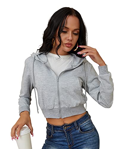 Women's Cropped Zip Up Hoodie Sweatshirt Long Sleeve Zipper Basic Workout Crop Jacket Zipper Hoodie Grey