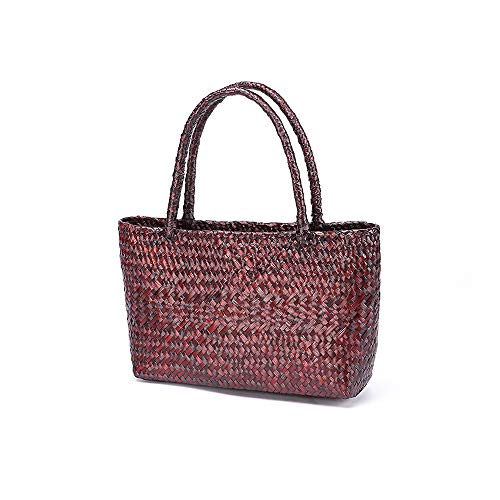 Hand-woven Large Retro Straw Shoulder Bag for Women Summer Beach Boho Rattan Tote Travel Bag with Straw Top Handle (Red)