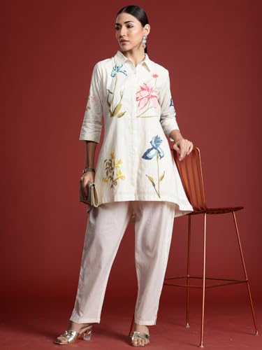 Image of INDO ERA Women's Off White Pure Cotton Printed A-Line Kurta & Pant Set (KS0OW10119 XX-Large)