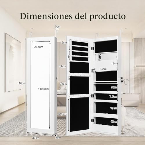 Miniatura 7 de Homasis Armario Para Joyas De Pared Y Puerta, Joyero Con Espejo De Cuerpo Entero, Espejo De Maquillaje Y 12 Led Y Cerradura, Con Ganchos Para Cadenas Y Pendientes, 120x37x9cm Blanco