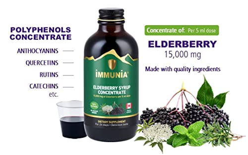 Immunia Elderberry Syrup For Adults Elderberry Concentrate With Elderflower, Thyme And Peppermint. No Sugar Added. Delicious Taste. 24 Days/Bottle. #TOP2