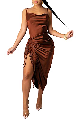 PRIMODA Women s Spaghetti Strap Backless Side Slit Drawstring Ruched Satin Midi Dress Night Party Clubwear(Brown M)
