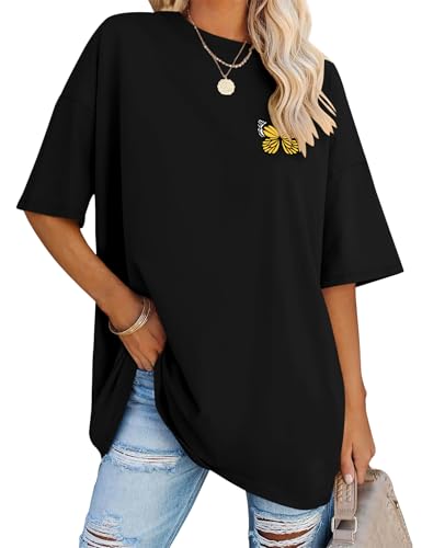 Rapbin Damen Bluse Oversized Tshirts Rundhals Kurzarm Locker Bluse Sommer Tops Oberteil (SchwarzerSchmetterling,XL)