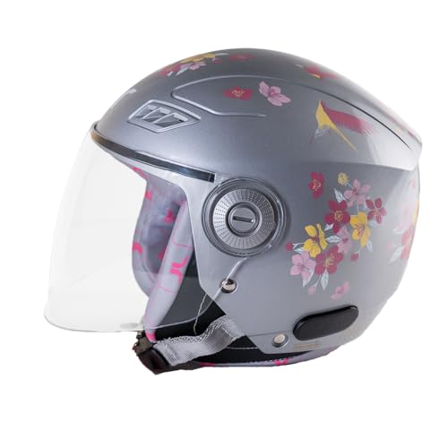 Image of TVARRA Blossom ISI Certified Women's Open Face Helmet Designer Helmet, Lightweight and Rainproof, Crafted for Women, Extreme Comfort Fit with Clear Visor (Silver Haze, M /L: (56-57) cm)