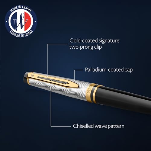 Waterman Expert, długopis, metal i czarny lakier ze złotymi zdobieniami, cyzelowana nasadka, końcówka medium.