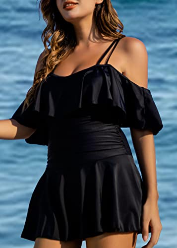 COCOPEAR Women's One Piece Flounce Swimsuit Off Shoulder Bathing Suit Tummy Control Swimdress4