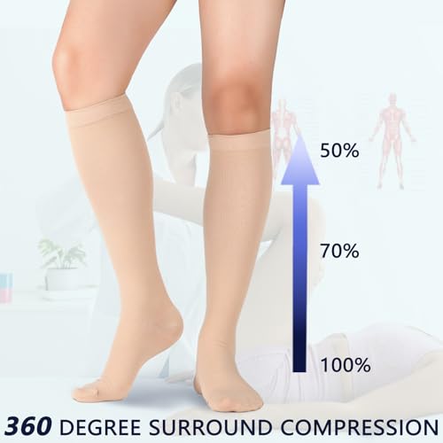 Image of Lin Performance Medical Compression Socks for Women and Men, 20-30 mmHg Closed Toe Knee High stockings, Leg Support for Daily & Travel Comfort (M,Beige)