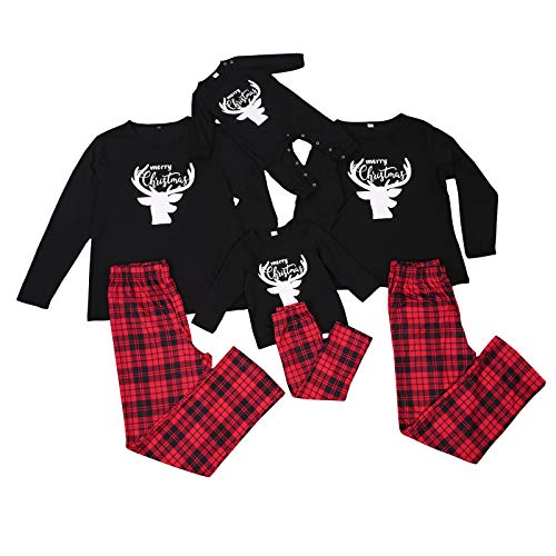 Holiday Matching Christmas Pajamas Set Deer Long Sleeve Tops Tee and Plaid Pants Loungewear,Matching Family Sleepwear for Adults, Kids, and Infants (Mom, L)