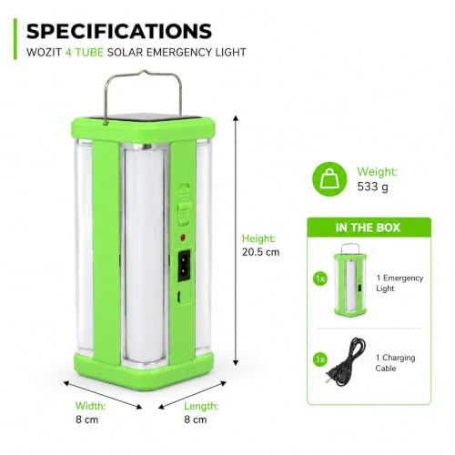 Image of WOZIT 4 Tube Tall Solar Rechargeable Emergency Light Lantern (Multicolor)