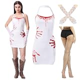 Hqroidd 6PCS Scary Bloody Dress Women, Halloween Blood Splatter Dresses with Gloves Necklace, Sexy Zombie Sleeveless Skirt Costume (Medium)