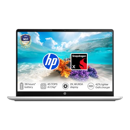 HP Omnibook 3, Snapdragon X Processor, 45 TOPS (16GB LPDDR5x, 512GB SSD) 2K, WUXGA, IPS, 14''/35.6cm, Win 11, Office 24, Silver, 1.4kg, hz0026QU, FHD IR Camera, 42% Lighter mini GaN Charger, AI Laptop