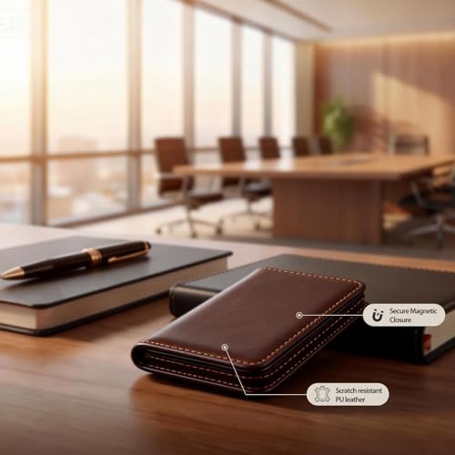 Image of Business Card Holder PU Leather with Magnetic Closure, Slim Pocket Name Card Case for Men & Women, Professional Card Wallet for Office & Travel (Brown)