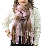 XIFRIKA Bufanda de Mujer para Invierno Tamaño XXL 248x39cm de Cuadros Rosa y Marrón. Bufanda Suave, Cálida, Extragrande. 100% Poliéster con Flecos para Uso Diario