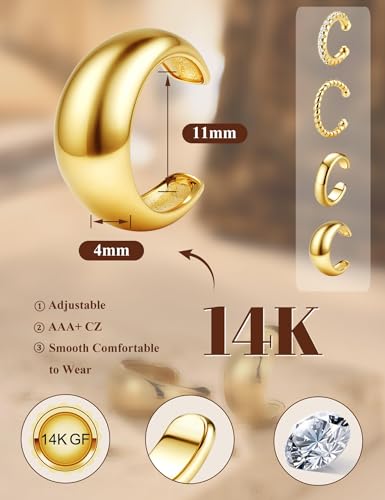 Ear Cuff Set für Damen Ohne Piercing - 4 Paar 14K Goldbeschichtete Ohrklemmen Fake Helix Nicht Verblassend Knorpel Ohrringe für Ungepiercte,Verstellbare Ohrmanschetten in Geschenkbox Gold-Schick