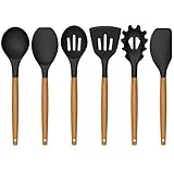 Silicone Kitchen Utensils Set, Deedro 7 Pieces Cooking Utensils Set Silicone Spatula Set with Natural Acacia Wooden Handle, High Heat Resistant Kitchen Gadgets Tools Set, Black
