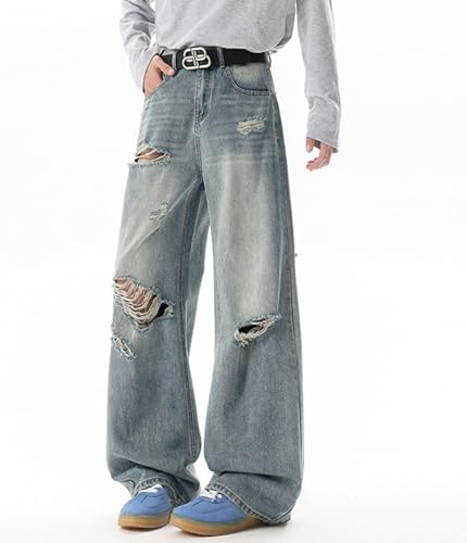 Men's Straight Jeans Vintage Distressed Casual Wide-Leg Ripped Denim Trousers with Pockets2