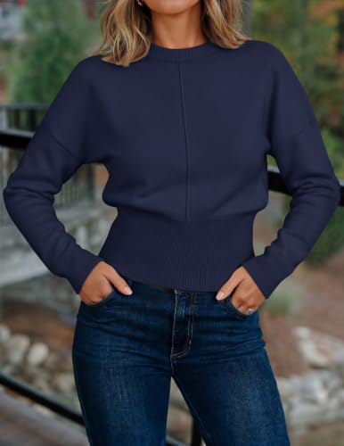 Image of ZESICA Women's Fall Sweaters Crewneck Cinched Waist Pullover Tops