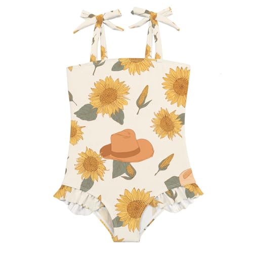 Zwlttyd Toddler Swimsuit Girl Vintage Corn Sunflower & Hat Print Swimwear Bow Straps Ruffle Sling Adjustable One Piece Bathing Suits Beach Swimming Clothes