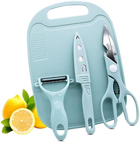Magicorange Travel Cutting Board Set, 4 Pcs Portable Mini Camping Plastic Cutting Board Set & Stainless Steel Knife with Sheath, Fruits & Vegetable Peeler Scissors (Blue)