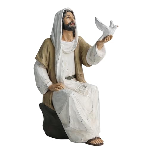 ShineOnAngel Estatua de Jesucristo con Paloma, Figura Religiosa Pintada a Mano, Estatua de Resina de Jesús sobre Roca de 7 Pulgadas para decoración Cristiana Moderna del hogar