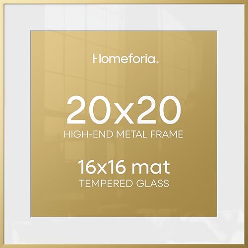 Homeforia 20x20 Picture Frame Gold, High End Metal 20 x 20 Square Poster Frame with Mat 16 x 16 Photo, 20x20 Frame Matted to 16x16 Print, 20by20 Gold Hanging Frames, Tempered Glass, Wall Kit, Set of 1